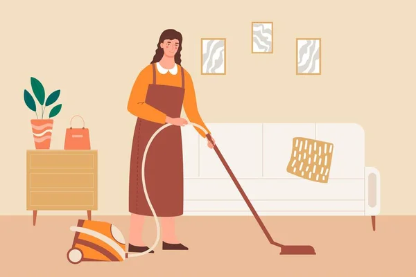 Woman Doing Domestic Work Young Girl Vacuuming Room Apartment Hostess — Stock Vector