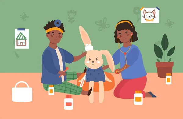 Çocuklar Tavşanı Tedavi Eder Termometresi Olan Bir Oğlan Steteskop Kullanan — Stok Vektör