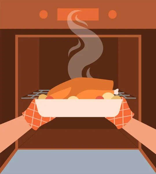 Gotowanie Pieczonego Kurczaka Postać Rękawiczkach Wyjmuje Tacę Gorącego Drobiu Piekarnika — Wektor stockowy