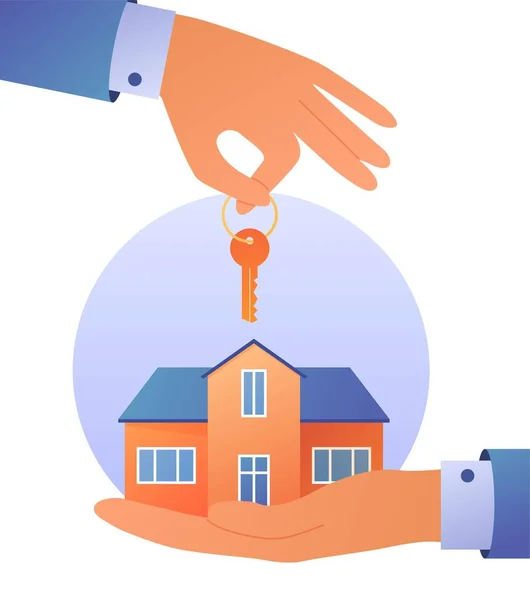 Hauskauf Konzept Große Hände Halten Schlüssel Und Gebäude Immobilienmakler Bietet — Stockvektor