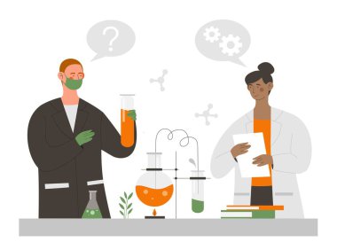 Laboratuvardaki bilim adamları. Elinde reaksiyonlar olan tıbbi paltolu bir adam ve kadın. Kimyasal reaksiyonlar, kozmetik ve uyuşturucuların geliştirilmesi