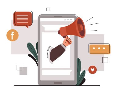 Akıllı telefon ekranında bildirim var. Hoparlörle el ele tutuşmak, pazarlama metaforu ve İnternet 'te promosyon, reklam. Sohbet ya da mesaj, SMS. UI ve UX tasarımı. Çizgi film düz vektör çizimi