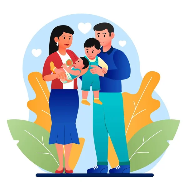 子供たちとの家族 男と女は赤ん坊を腕に抱き 母と父親を抱えている 2世代にわたって カップルは立って小さな幼児の新生児を抱えています 漫画フラットベクターイラスト — ストックベクタ