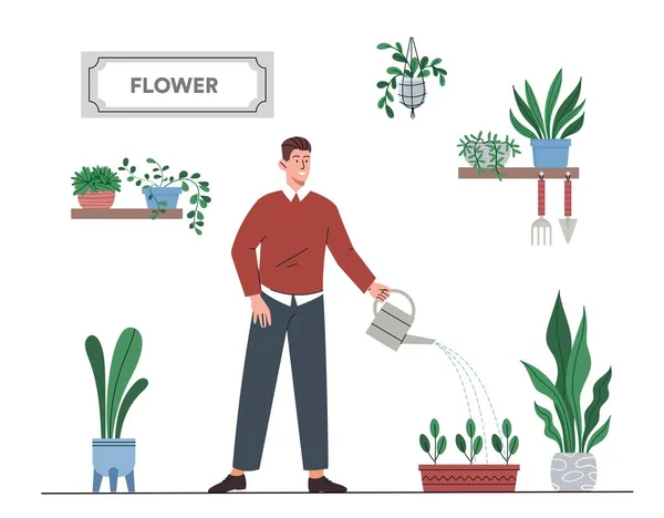 Homem Regar Plantas Jardineiro Amante Flores Plantas Cuidar Natureza Ecologia — Vetor de Stock