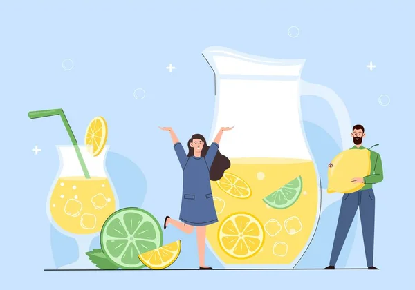 Concepto Limonada Fresca Hombre Mujer Frente Jarra Con Bebida Fría — Vector de stock