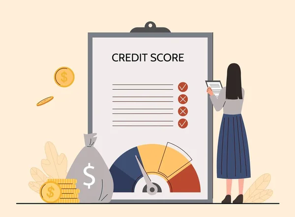 Credit Score Concept Vrouw Met Notitieboekje Analyseert Inkomsten Uitgaven Bankmedewerker — Stockvector