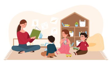 Öğretmenler çocuklara kitap okuyor. Kadın elinde kitapla oturur ve oğlanlara ve kızlara hikaye anlatır. Anaokulu öğretmeni, dadı, bebek bakıcısı. Masalcı ve çocuklu öğretmen. Çizgi film düz vektör çizimi