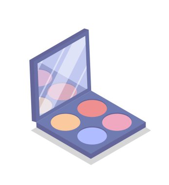 Makyaj paleti konsepti. Göz rengi ve ten rengini değiştirmek için birden fazla ton. Cazibe için toz. Web sitesi için reklam afişi ya da afişi. Karikatür izometrik vektör çizimi