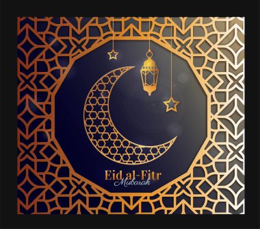 Bayram Mübarek altın kartpostalı. Ramazan Kareem ve geleneksel İslam bayramları. Hilal şeklinde lamba ve yazı, Arapça yazı. Din ve kültür. Gerçekçi düz vektör çizimi