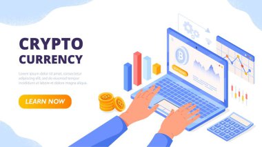 Itric kripto para birimi konsepti. Dizüstü bilgisayardaki adam grafiklere ve grafiklere bakıyor. Engelleme teknolojisi, ticaret, yatırım. Bitcoin, altcoin ve litekoin. Çizgi film vektör illüstrasyonu