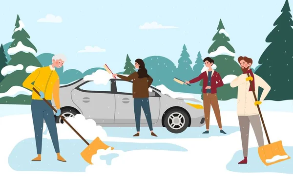 人々は雪から道路を掃除する ショベルを持っている男性と女性は 燃やされた車で屋外をモップします 冬季のストリートクリーニング 裏庭のキャラクター 漫画フラットベクターイラスト — ストックベクタ