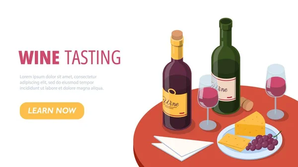 アイソメトリックワインのコンセプト チーズとブドウのグラスに隣接する2本のボトル ラボルソムリエ アルコール飲料のテスト レストランウェブサイトのランディングページ 漫画ベクトルイラスト — ストックベクタ