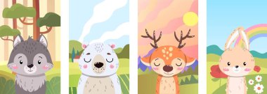 Orman hayvanı posterleri asılmış. Yazın memelilerin toplanması. Kurt, kutup ayısı, geyik ve tavşan. Gökkuşağı yeşili, kırsal alan. Beyaz arkaplanda izole edilmiş çizgi film düz vektör çizimleri