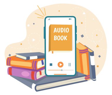 Ses kitabı konsepti. Dosyalı akıllı telefon, elektronik kütüphane. Edebiyat ve okuma aşkı. Çevrimiçi uygulama, program veya yazılım dinleme podcast ve sesli kitapçıkları için. Çizgi film düz vektör çizimi