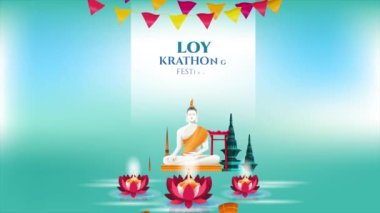 Loy krathong festivali video konsepti. Geleneksel Tayland bayramı unsurlarıyla renkli bir afiş. Tayland 'a git. Asya ülkelerinin kültürü ve dini. Gerçekçi grafik çizgi film