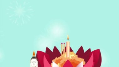 Loy krathong festivali video konsepti. Lotus pozisyonunda keşiş heykeli, geleneksel mimari ve fenerlerle hareket eden afiş. Tayland 'da dini Budist bayramı. Gerçekçi grafik çizgi film