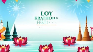 Loy krathong festivali video konsepti. Tayland 'a hoş geldiniz. Seyahat ve turizm. Geleneksel Tayland tatili için sudaki nilüfer çiçekli tebrik kartı. Gerçekçi grafik çizgi film