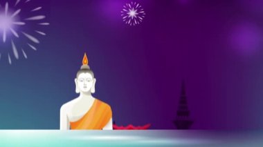Loy krathong festivali video konsepti. Geleneksel Tayland binalarının siluetlerini taşıyan tebrik kartı, keşiş heykeli ve çiçekli mumlar. Tayland 'a hoş geldiniz. Gerçekçi grafik çizgi film