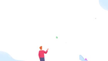 Çevrimiçi anket ya da anket video konsepti. Taşıyıcı adam sınav sorularını cevaplıyor ve memnuniyet puanı veriyor. Karakter kontrol listesini işaretler ve geri bildirim verir. Isometric grafik çizgi film