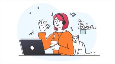 Genç kızın günlük rutini. Bilgisayarlı, gülümseyen bir kadının kulaklık kullanarak müzik dinlemesi ya da ses yayını yapması. Eğlence ve eğlence. Karalama tarzında düz grafik çizgi film