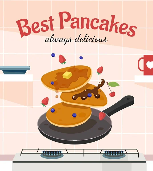 Pfannkuchen Auf Pfanne Frühstück Und Morgenritual Köstliches Und Gesundes Essen — Stockvektor