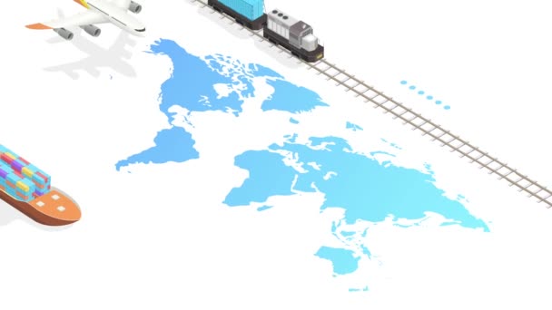 全球物流视频概念 带有各种运送货物和运输车辆的横幅 用飞机 卡车和轮船在世界各地进出口货物 等距图形动画 — 图库视频影像