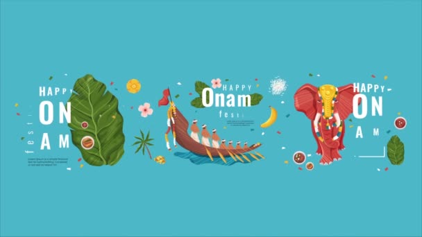 快乐的Onam节视频概念 印度宗教节日的设计 飘扬的旗帜上挂满了装饰过的大象 绿色棕榈叶上的传统食物和船上的印第安人 平面图形动画片 — 图库视频影像
