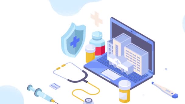 保健和医药概念 在笔记本电脑屏幕 药品和医疗设备上移动带有医院或诊所的横幅 疾病的治疗和预防 等距图形动画 — 图库视频影像