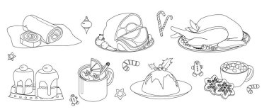 Şenlikli yemek sırası. Web sitesi için grafik elementlerin toplanması. Hindi, çörek ve fincanlı kek, sıcak içecek, kahve ya da çay. Beyaz arkaplanda izole edilmiş çizgi film düz vektör çizimleri