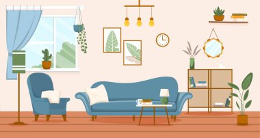 Oturma odası mobilyası. Mavi kanepe ve koltuk bitkilerle dolu masanın yanında duruyor. Daire ve odanın modern iç dekorasyonu. Kitaplık, ayna ve pencere. Çizgi film düz vektör çizimi