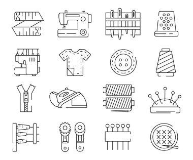 İğne çizgisi simgeleri ayarlandı. Web sitesi için grafik elementlerin toplanması. İplikler, iğneler, mankenler, elbiseler ve dikiş makinesi. Beyaz arkaplanda izole edilmiş çizgi film düz vektör çizimleri