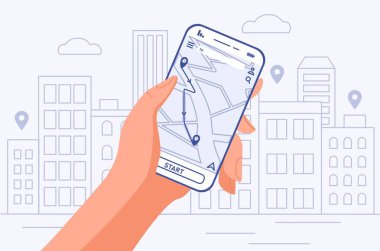 Mobil GPS navigasyonu. Açık haritalı, güzergah planlı ve coğrafi konumlu akıllı telefon. Turistler ve gezginler için başvuru formu. Pozisyon teknolojisini bul. Çizgi film düz vektör çizimi