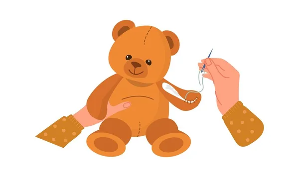 Концепція Іграшкового Іграшкового Ведмедя Рука Голкою Біля Плюща Іграшками Тканини — стоковий вектор