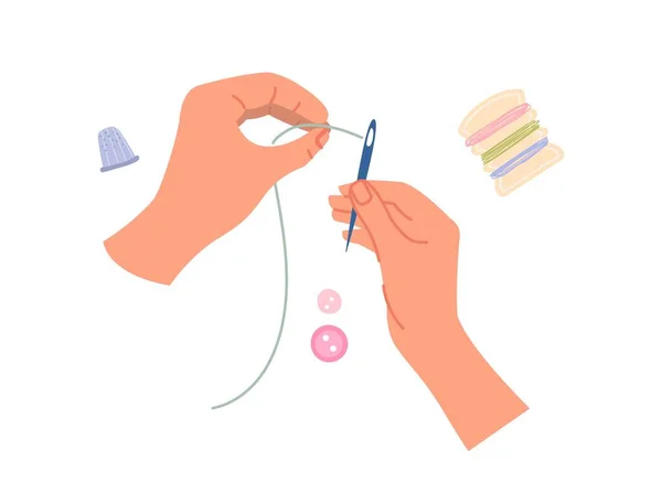 Hands Needle Concept Character Threads Eye Needle Seamstress Atelier Gan — Stock Vector