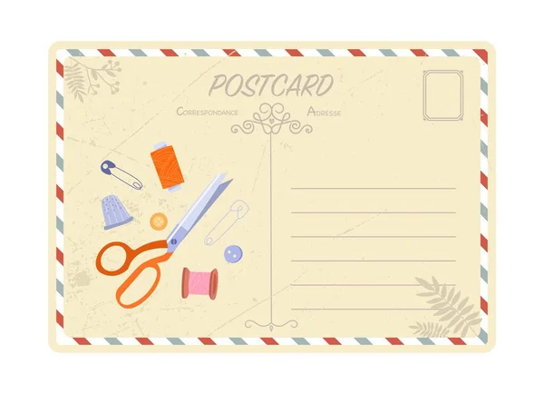 手工和剪子明信片 用于生产织物和服装的工具和库存 理发师 工作室和裁缝 信封和邮戳 卡通平面矢量插图 — 图库矢量图片