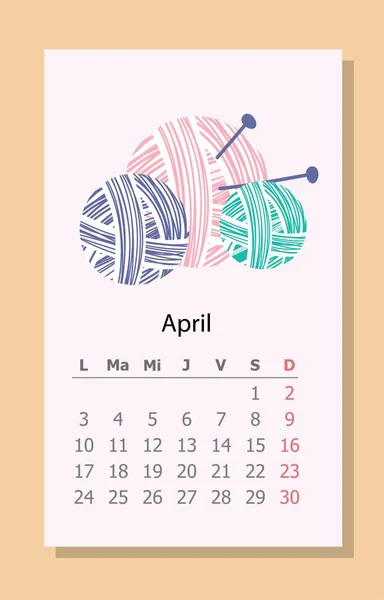 2023年4月 粉红色 蓝色和绿色球与针 几个星期 几个月 假期和工作日 组织者和策划者 卡通平面矢量插图 — 图库矢量图片