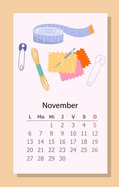 Calendario Agujas Noviembre 2023 Cinta Métrica Clip Papel Hilo Aguja — Vector de stock