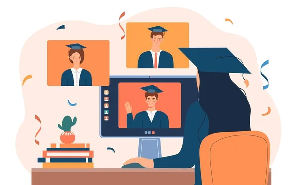 在线毕业概念 戴大礼帽的女毕业生坐在电脑前 在远程仪式上的成功和刻苦的学生 教育和培训 卡通平面矢量插图 — 图库矢量图片