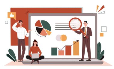 Beyin fırtınası başladı. Grafiklere ve çizelgelere bakan erkekler ve kadınlar. Takım çalışması ve ortaklık. Ortak proje üzerinde çalışan meslektaşlar. Finansal raporlu analizler. Çizgi film düz vektör illüzyonu
