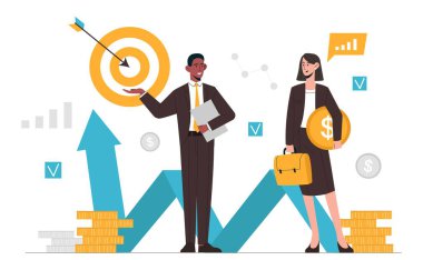 Borsa analizi. Grafikler, çizelgeler ve diyagramların arka planında altın sikkesi olan kadın ve erkek. Yatırımcılar ve ticaret. Danışmanlar finansal tavsiyelerde bulunurlar. Çizgi film düz vektör çizimi