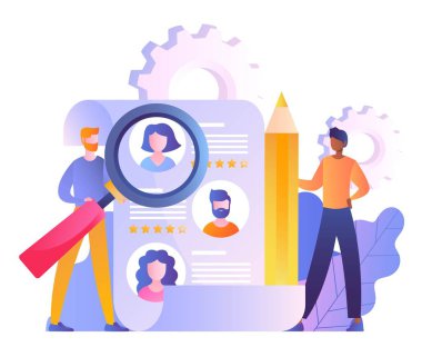 İşe alım kavramı. Büyüteçli kadın ve erkek potansiyel iş adaylarının özgeçmişlerini değerlendirir. İnsan kaynakları müdürü serbest çalışanı seçiyor. İş adamları CV 'yi seçer. Çizgi film düz vektör çizimi