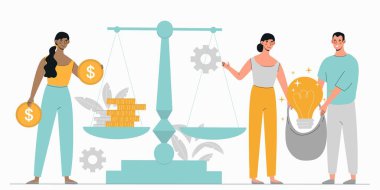 İnsanlar para yatırır. Bozuk paraları ve ampulleri olan kadın ve erkek terazinin yanında. Finansal okuryazarlık, ekonomi ve ticaret. Karakterler başlangıç için iş fikri satın alırlar. Çizgi film düz vektör çizimi