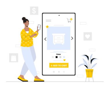 El arabasına mobilya ekle. İnternetten alışveriş ve ev teslimatı. Akıllı telefonu olan genç bir kız masayı seçiyor. Oturma odası için bir şeyler alıyorum. İnternetten dijital uzaktan alımlar. Çizgi film düz vektör çizimi