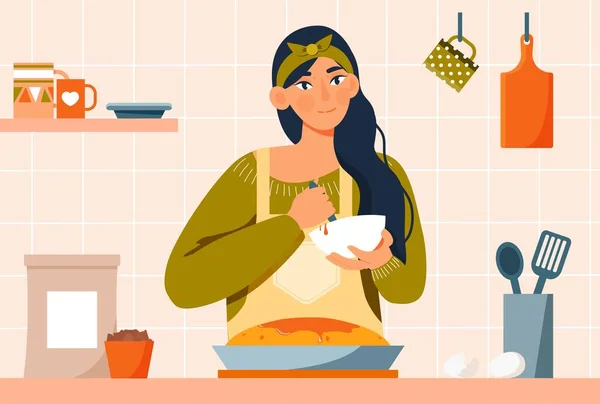 Жінка Готує Концепцію Молода Дівчина Стоїть Кухні Перед Пирогом Джемом — стоковий вектор