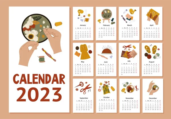 Naai Kalender Concept Poster Collectie Met Maanden Weken Dagen Borduurwerk — Stockvector