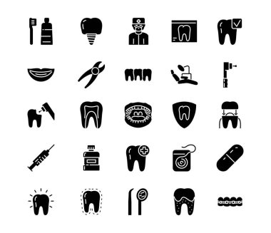 Dişçi siyah simgeler ayarlandı. Web sitesi için grafik elementlerin toplanması. Diş, ağız, şırınga ve dişçi aletleri. Ağız bakımı ve hijyen. Beyaz arkaplanda izole edilmiş çizgi film düz vektör çizimleri