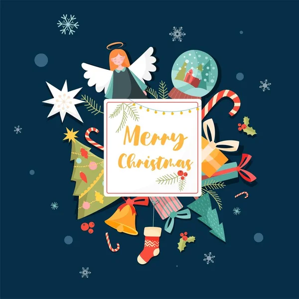 Scandinavian Merry Christmas Happy Design Element Greeting Postcard Winter Holidays — Stock Vector