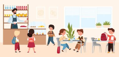Okul kafeteryası konsepti. Yemek odasında sırt çantalı kızlar ve erkekler. Adam sağlıklı yiyecek ve içecek sunuyor, doğal ve organik ürünler. Öğle yemeği ile okul çocukları. Çizgi film düz vektör çizimi