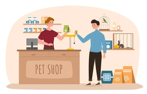 Állatkereskedés Koncepció Állatoknak Vásárol Élelmet Fiatal Fickó Piacon Nyulakkal Papagájokkal — Stock Vector