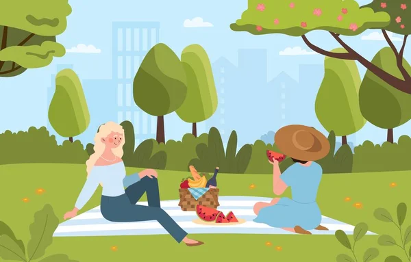 Summer picnic concept. Women with food sit on blue plaid. Outdoor recreation in hot weather. Young girls with watermelon, bananas and wine spend time together. Cartoon flat vector illustration